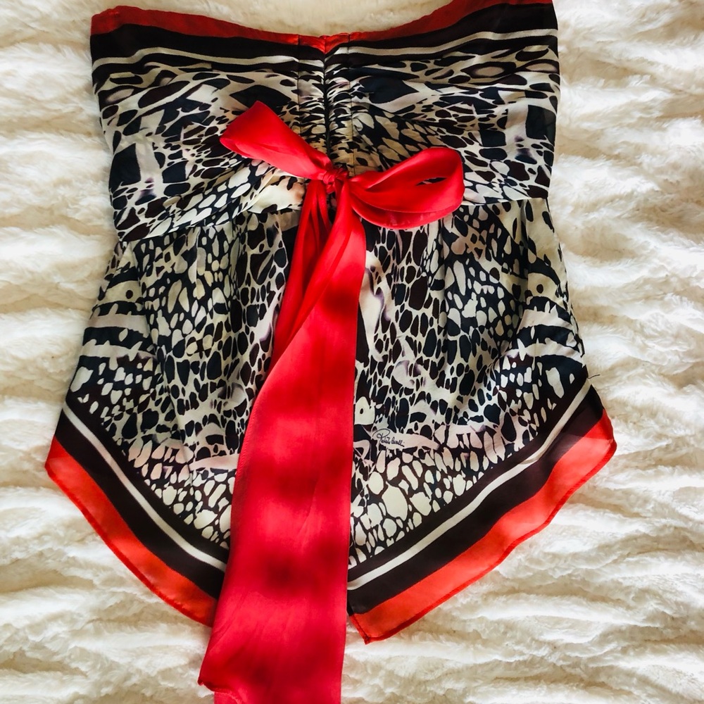 Roberto Cavalli Stunning Animal Print Strapless Top with Vibrant Red Accent